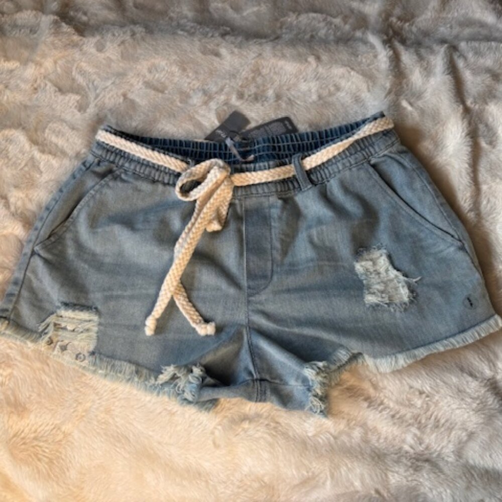 Aerie Blue Distressed Fringe Hem Mid-Rise Belted Denim Shorts Ladies Size S  NWT